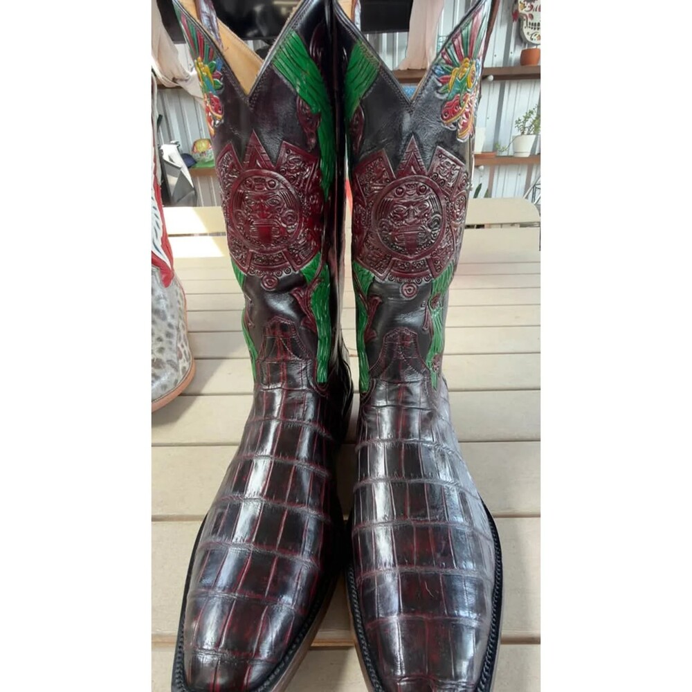 🐊CUSTOM HANDMADE CROCODILE BELLY “AZTEC CALENDAR” BOOTS — BLACK CHERRY | SIZE 1